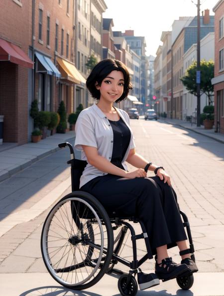 202305192055251670469617-2045938944-masterpiece shot of a woman in a wheelchair _lora_wheelchair-20_0.4_ in Montreal at dawn, caustics, big smile, black hair, brown.jpg